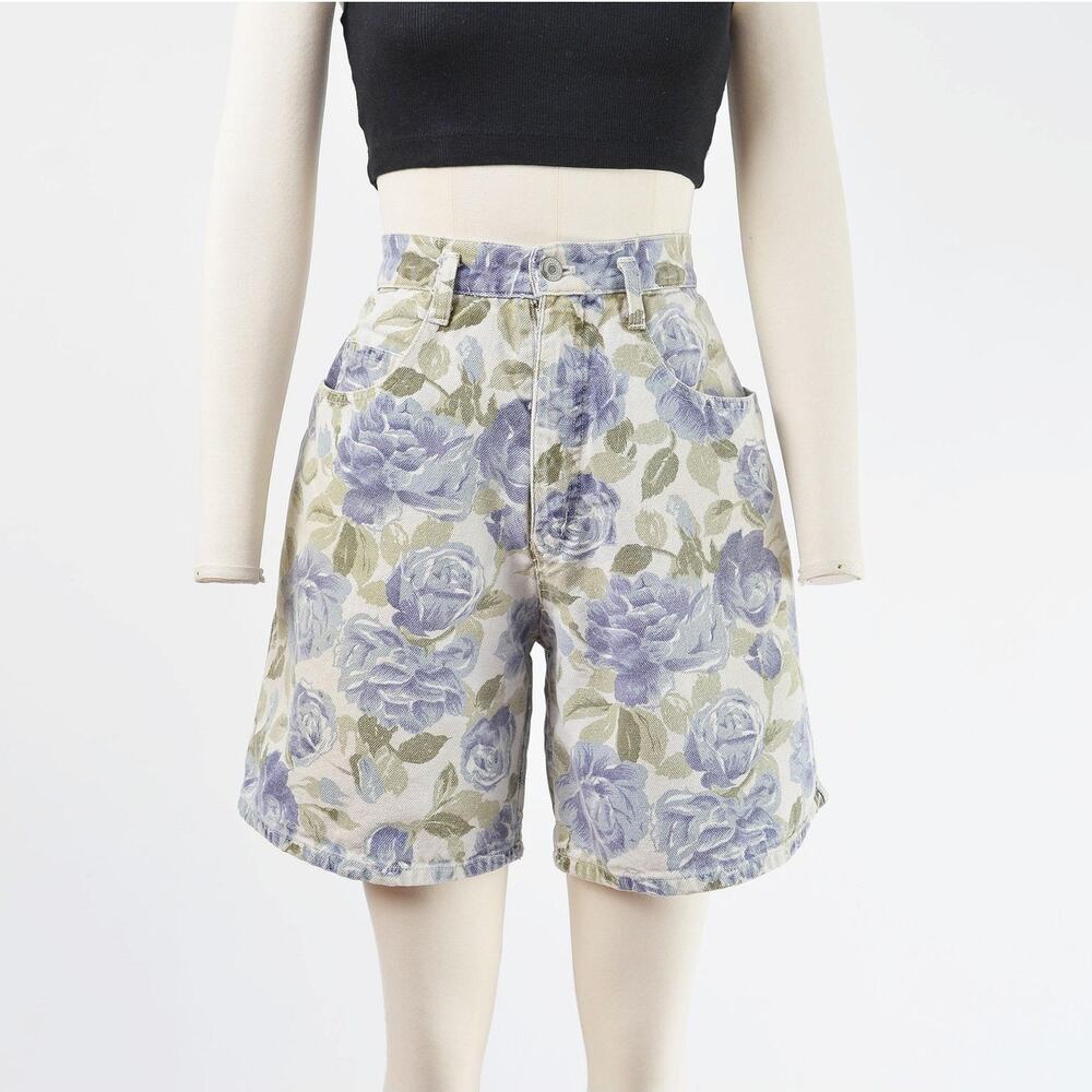 Vintage 90s Floral Cotton Shorts High Waist Rose Print Mom Shorts Cottagecore M